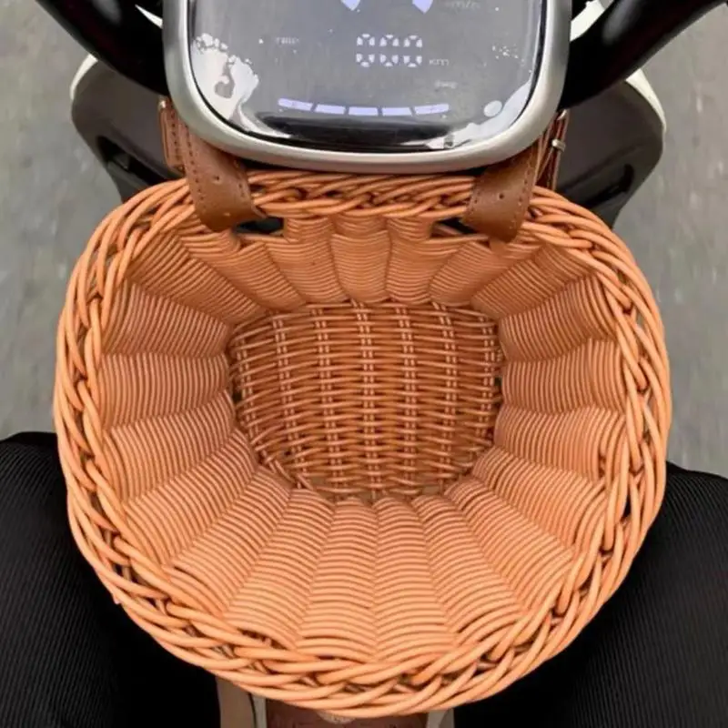 Mobility Scooter Basket Front Hand-Woven Retro Cycling Storage Baskets Front Handlebar Rattan Basket Wicker Basket Front Cargo