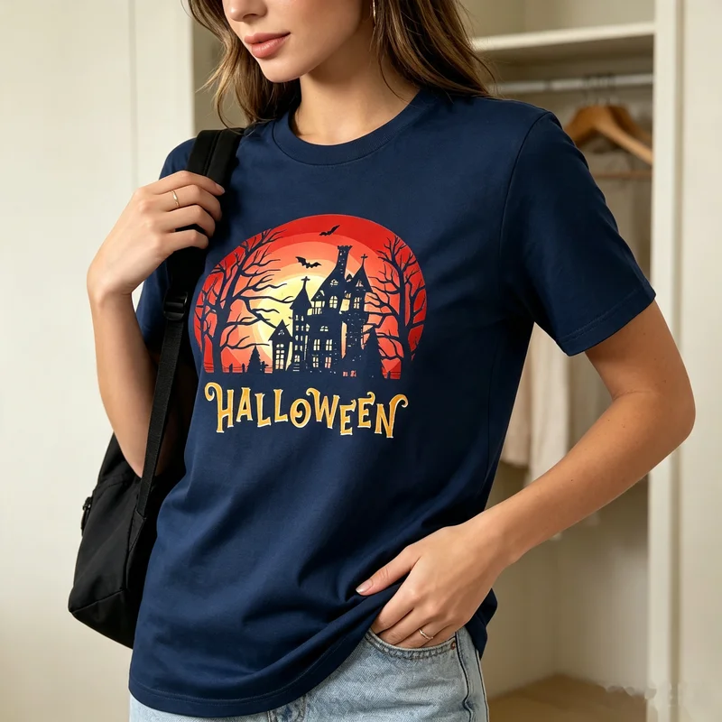 Halloween Haunted House T-Shirt Blood Moon Bat Spooky Season Tee Casual Fall Streetwear Men Women Halloween Party Costume Top