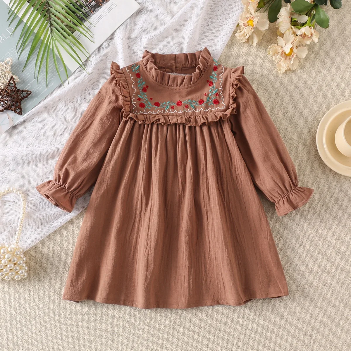 Rench Embroidery Flower Stand Up Collar Kids' Dress 2025 Spring Ruffled Long Sleeved Girls' Princess Dress Children's Clothing