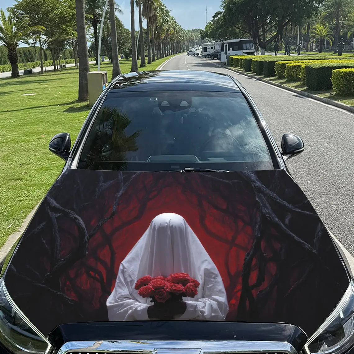 Car Decals Ghostly Figure in White Veil Holding Red Roses with Dark, Twisted Trees Car Hood Sticker, Waterproof Self - Adhesive