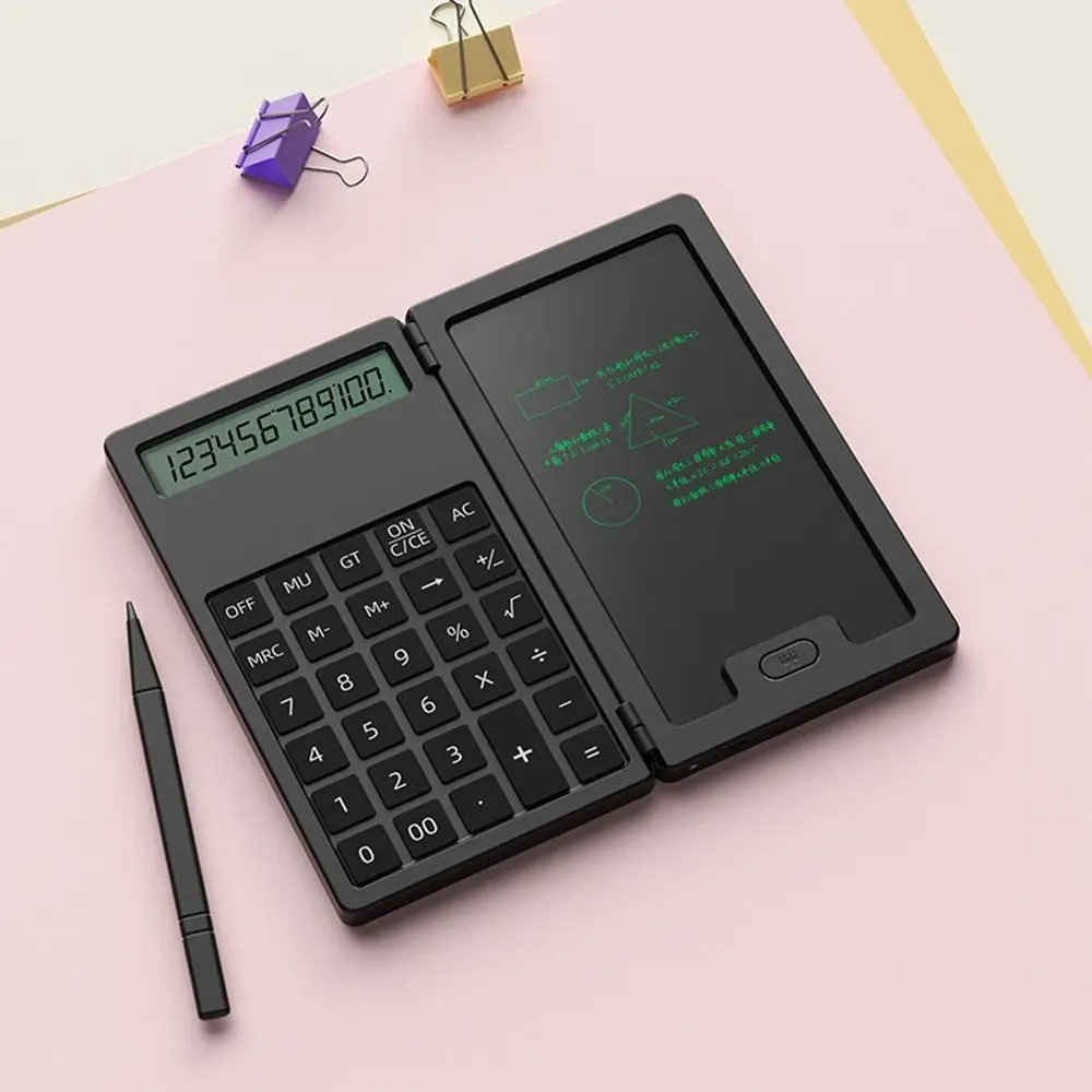 Mini calculatrice scientifique multifonctionnelle pliable à 12 chiffres, bloc-notes LCD, bloc-notes avec stylet