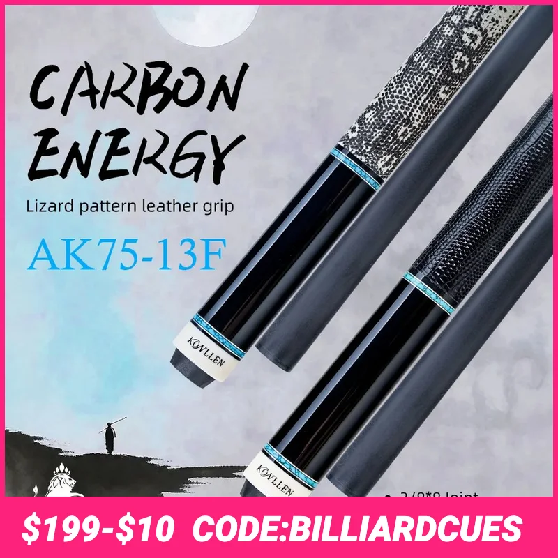 

KONLLEN Carbon Fiber Pool Cue Stick AK75-13WF with Real Inlay Leather Grip for12.5mm tip low deflection Billiard Cue
