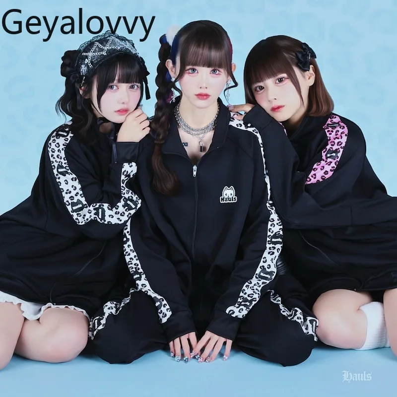 

Японский классический популярный спортивный костюм в стиле Харадзюку с леопардовым принтом, куртка и свободные брюки унисекс, комплект из двух предметов Y2K