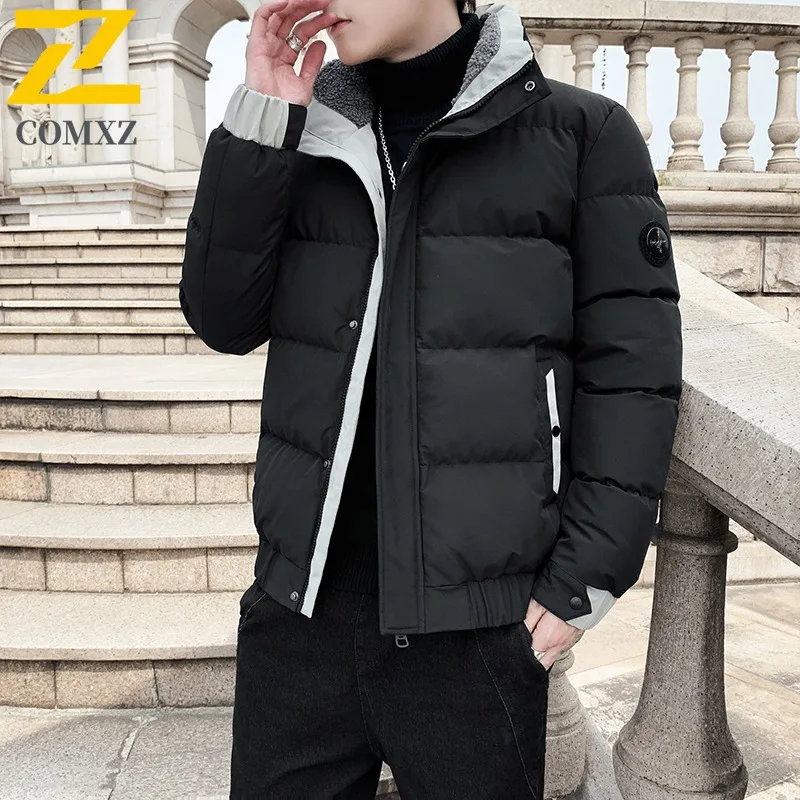 Winter Cotton Jacket Men's Casual Retro Large Fur Collar Padded Warm Loose Parkas Women Solid Color Zipper Windproof Hooded Coat