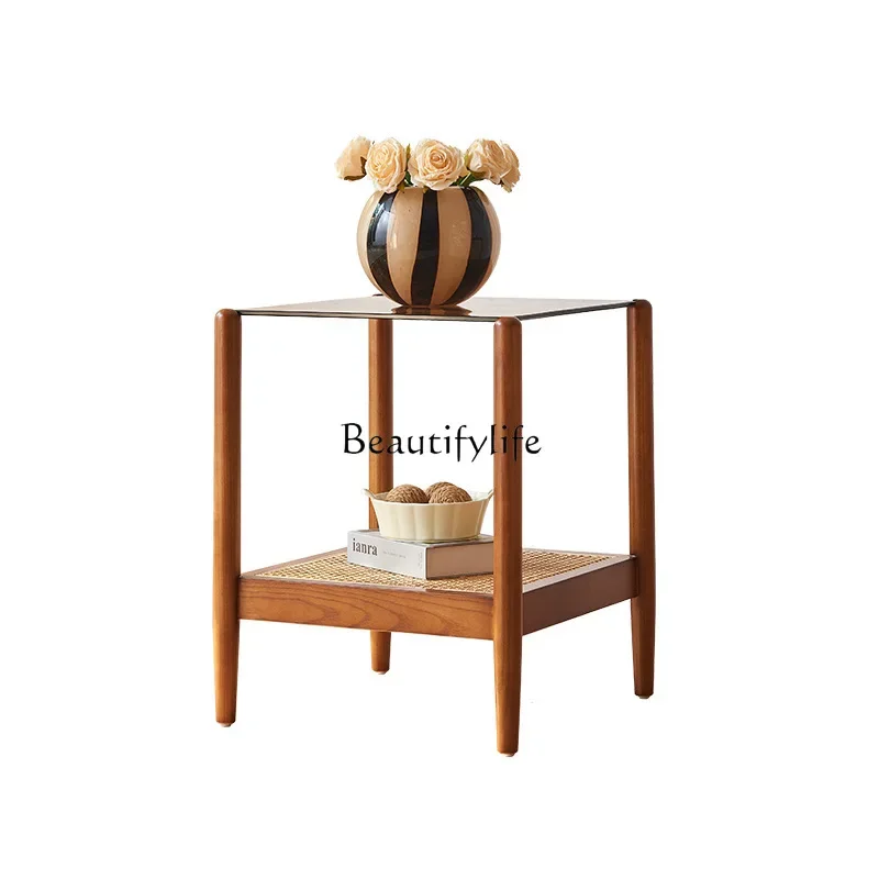 

Japanese-style wabi-sabi wind coffee table living room high-end household solid wood rattan tea table small apartment