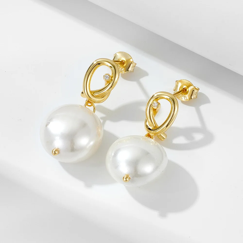 S925 Sterling Silver Gold Plated Geometric Knot Drop Earrings, Button Pearl Stud Dangle Jewelry, Minimalist Fashion for Women