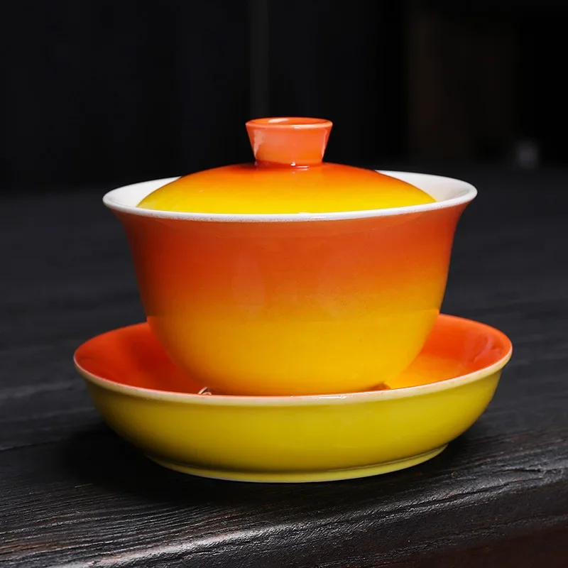 Kung Fu Tea Set Tea Tureen Gradient Glaze Cover Bowl Soup With Lid Bowl Lotus Hand Drawing Clay Gaiwan Jingdezhen Porcelain Cup