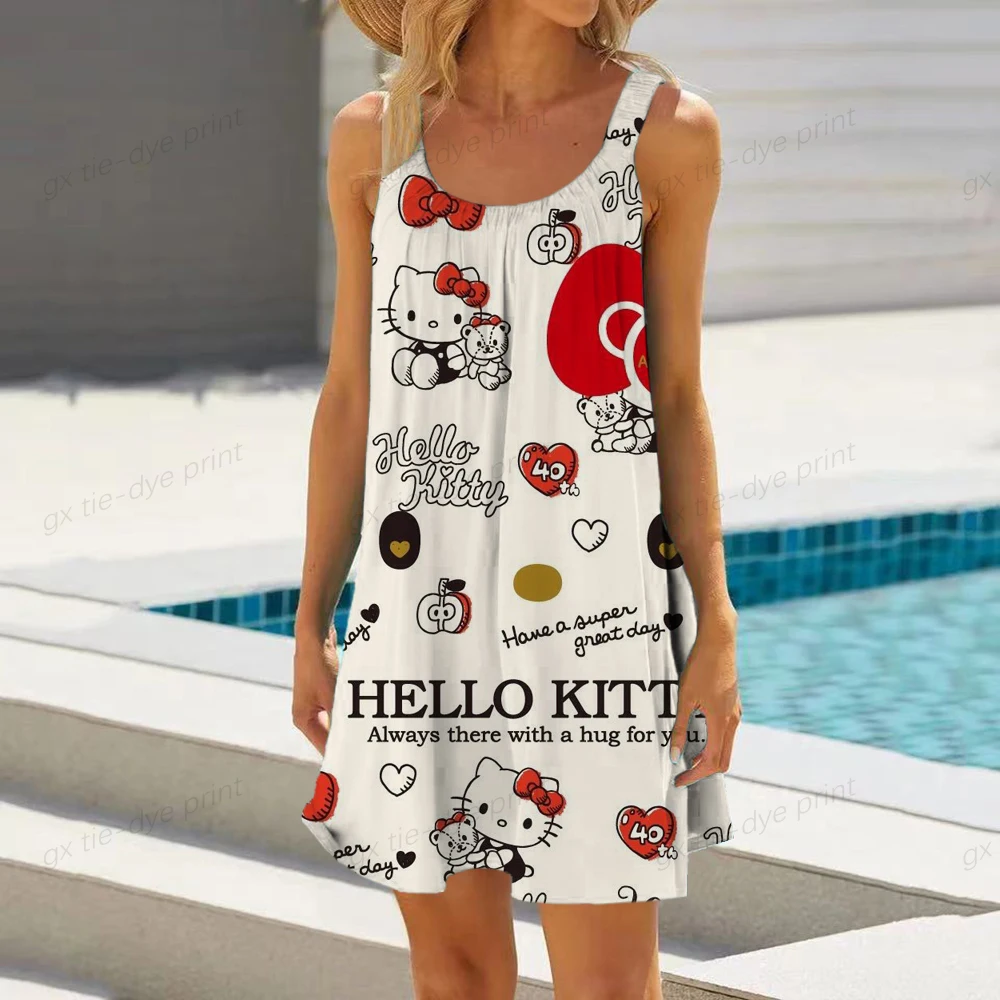 Summer Fashion Bag Hip Beach Party Dress Hello Kitty Printing Cute Cartoon Print senza maniche Sexy Night Club vestito allentato