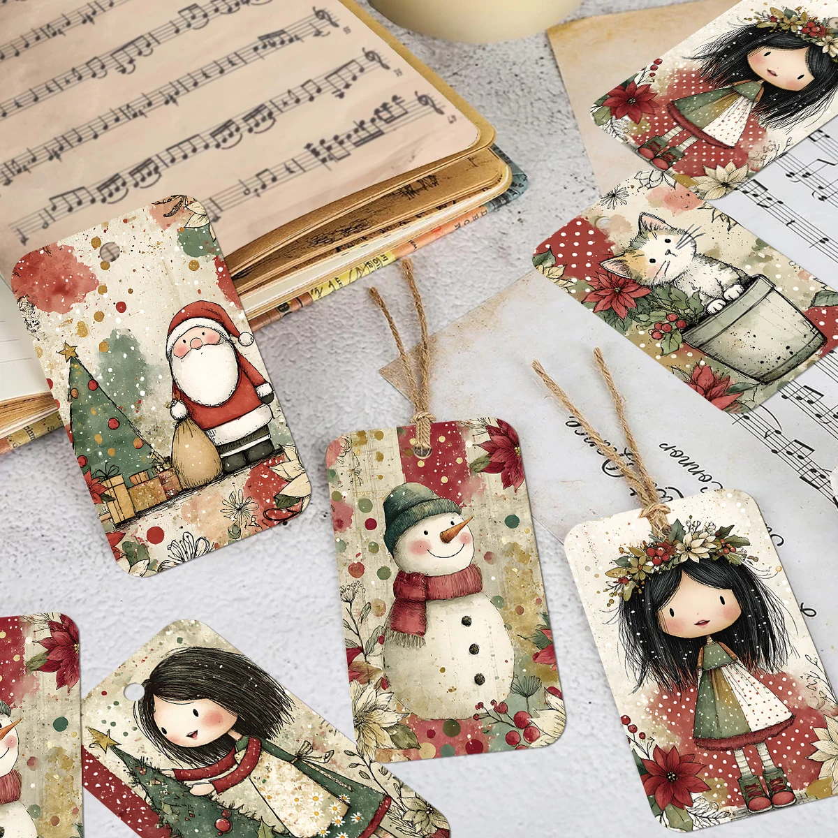 50 Stück Vintage Niedliche Weihnachtsgeschenkkarten mit Juteschnur, DIY Weihnachtsbaum-Anhänger, Etiketten für Zuhause, Büro, Zimmer, Party-Dekoration