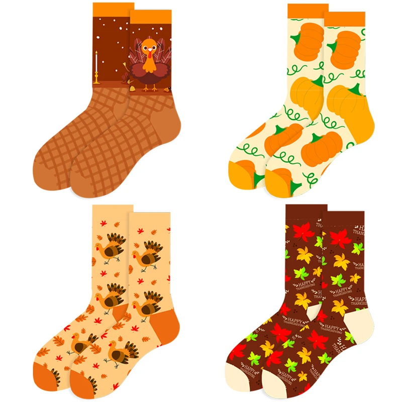 1 Pair Men\'s Socks Thanksgiving Day Turkey Pumpkin Novelty Cartoon Cotton Stockings for Women Street Sock Big Size Long Socks