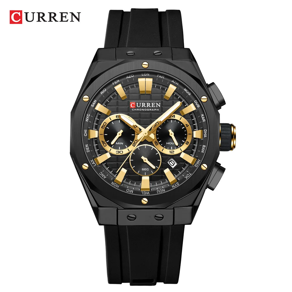 CURREN-Relógio de quartzo masculino, luminoso verde, cronógrafo data, pulseira de silicone, relógio masculino, moda esportiva ao ar livre, 8464