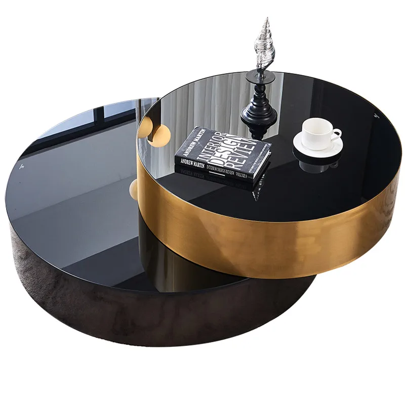 

Modern luxury desktop stainless steel gold tempered glass black hotel living room coffee table