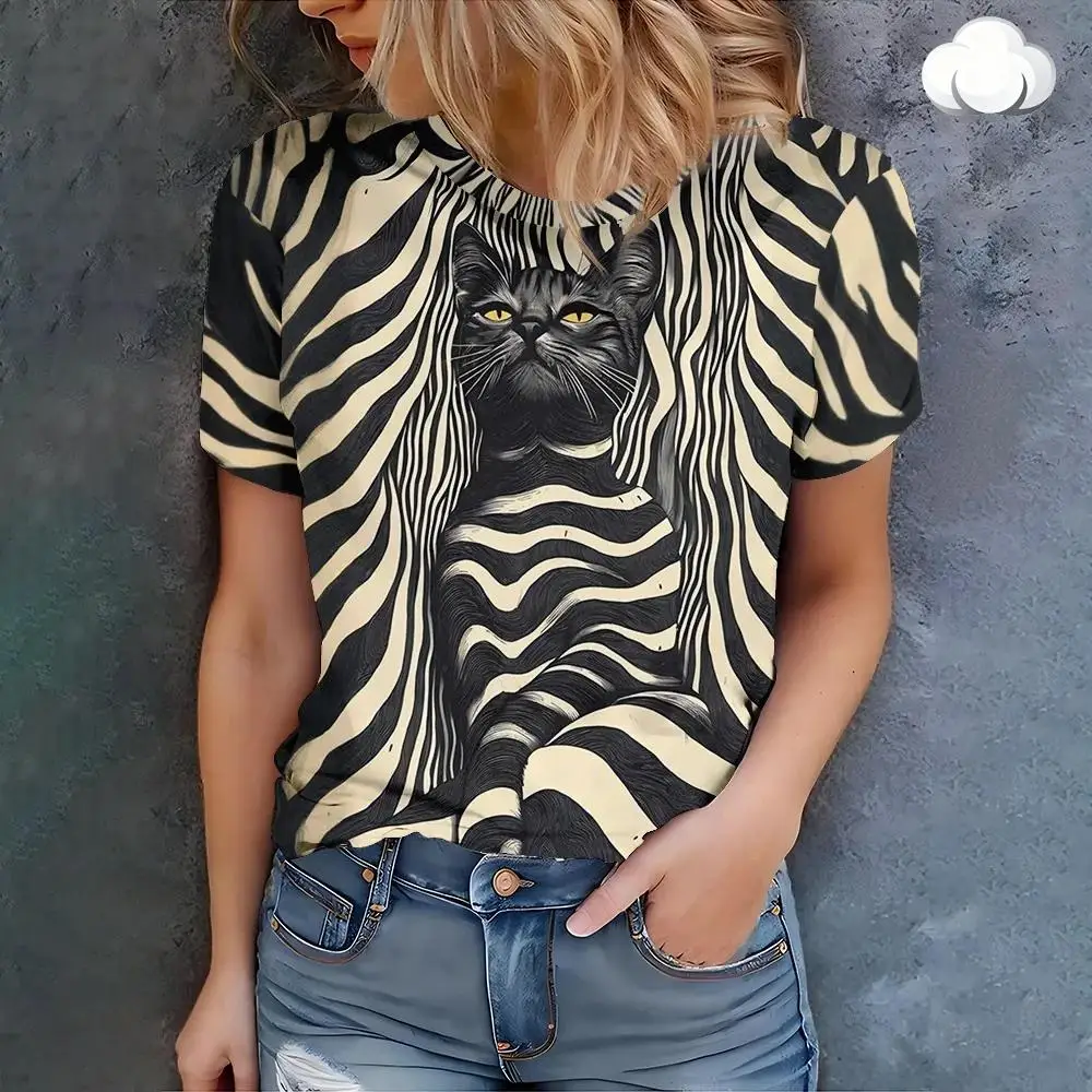 

2025 Fashion Zebra Striped Black Cat Print T-Shirt Women Casual Loose Short Sleeve O-Neck Cotton Top Funny Animal Graphic Tees