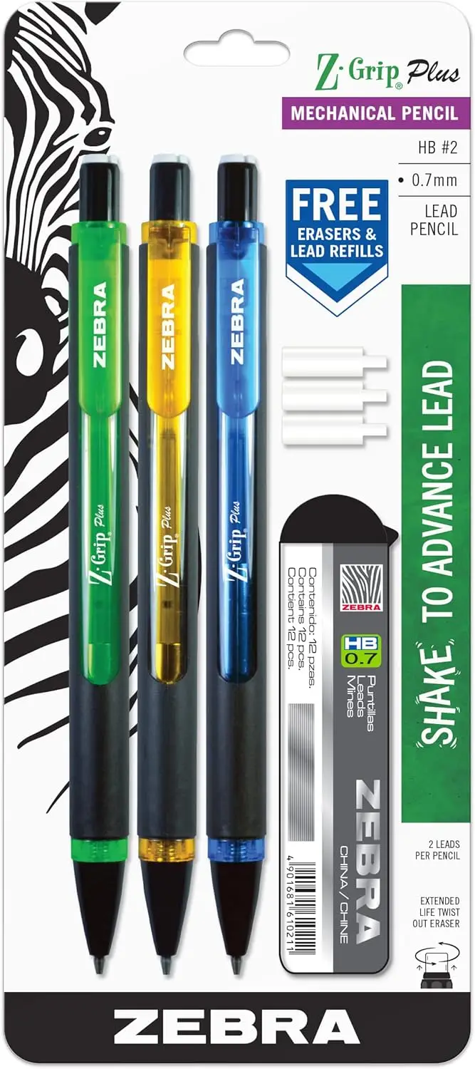 

0.7mm Mechanical Pencil Set with Lead and Erasers, Assorted Colors, 3-Pack for Smooth Writing
