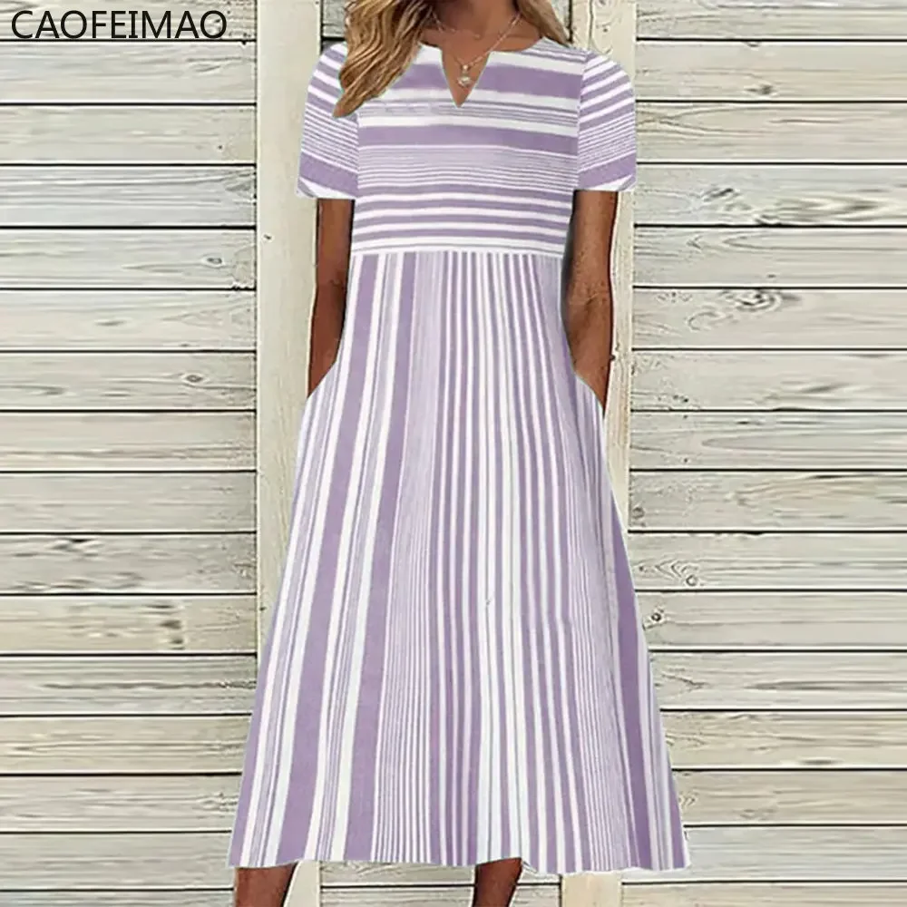 2023 Vintage Boho Stripe Stampa Vestito estivo da donna Moda estiva Scollo a V Abito a maniche corte Elegante abito longuette da donna Femme Vestidos