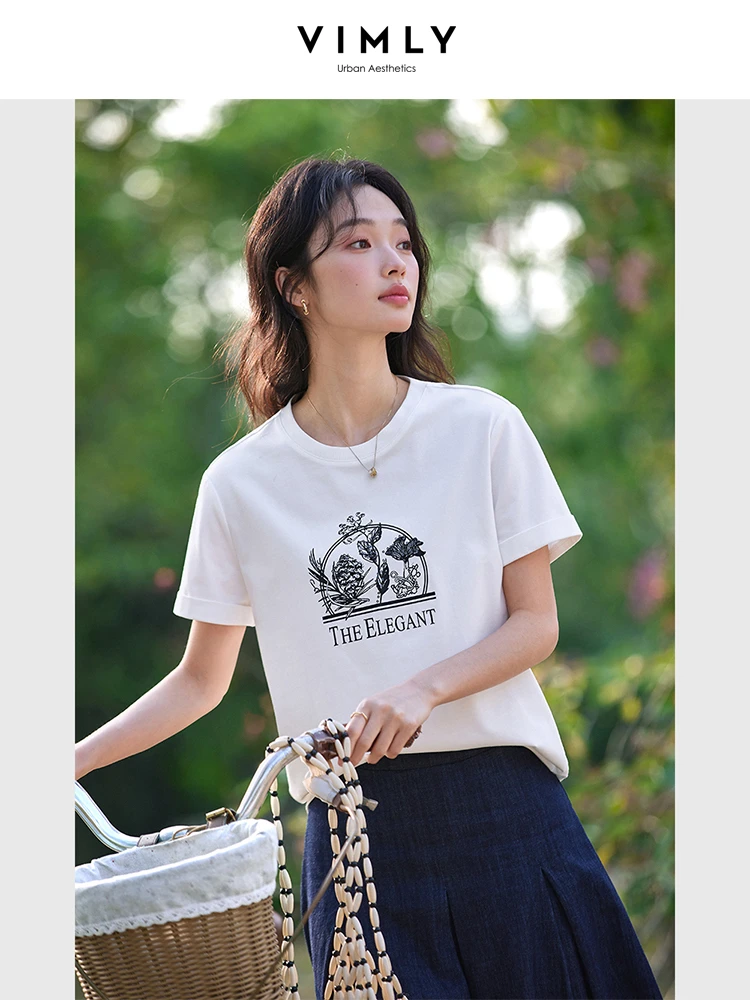 VIMLY Embroidery White Graphic T-shrits Woman Short Sleeve Women's Summer Tops 2025 Casual Printed Tees Ladies Clothing A1233