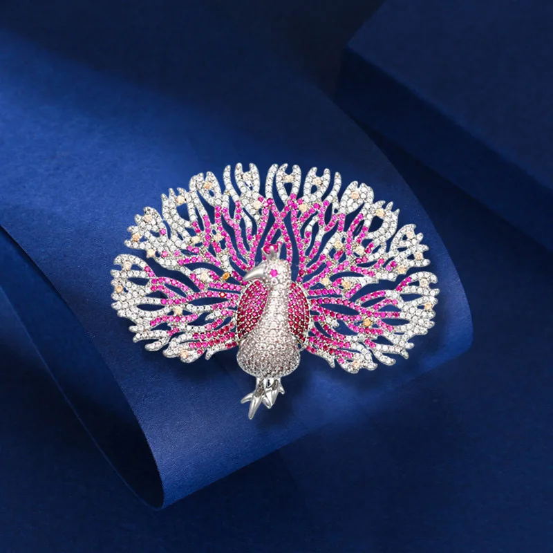 OKILY Exquisite Zircon Inlaid Peacock Open Screen Brooches for Womenfashionable Luxury Atmospheric Corsage Clothes Accessories