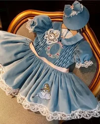0-12Y Baby Girl Spring Winter Blue Velvet Alice Embroidery Vintage Princess Ball Gown Dress for Eid Birthday Christmas  C65