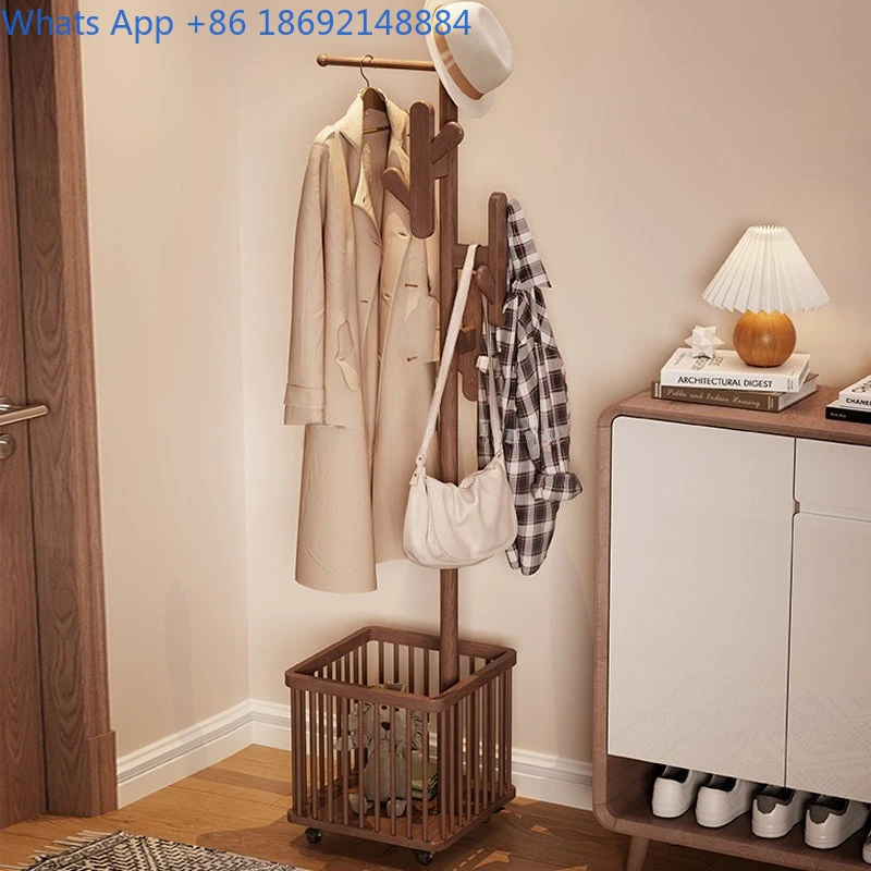 Solid Wood Clothes Rack Floor-standing Coat Rack Bedroom Movable Household Dirty Clothes Basket