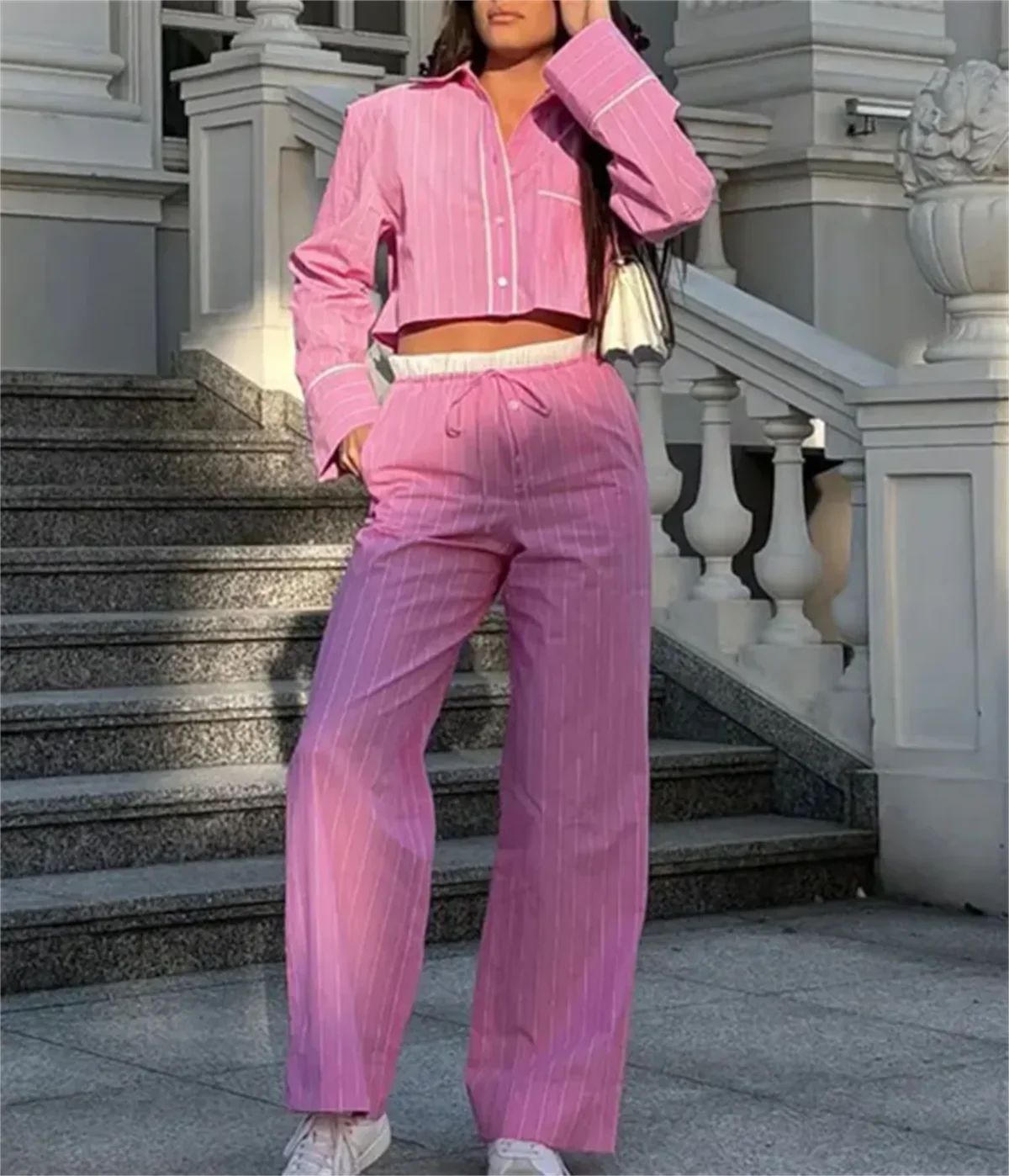 Woman\'s Fashion Pink Suits Long Sleeves Turn-Down Collar Single Breasted Shirt Wide Leg Long Pant Elegant 2024 2 Piece Set