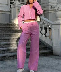 Woman's Fashion Pink Suits Long Sleeves Turn-Down Collar Single Breasted Shirt Wide Leg Long Pant Elegant 2024 2 Piece Set