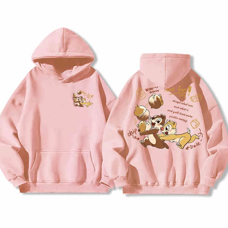 Disney Chip And Dale Sweatshirt Womens Hooded Autumn Cartoon Squirrel Print Pure Cotton Loose Coat Trendy Unisex Long Sleeve Top