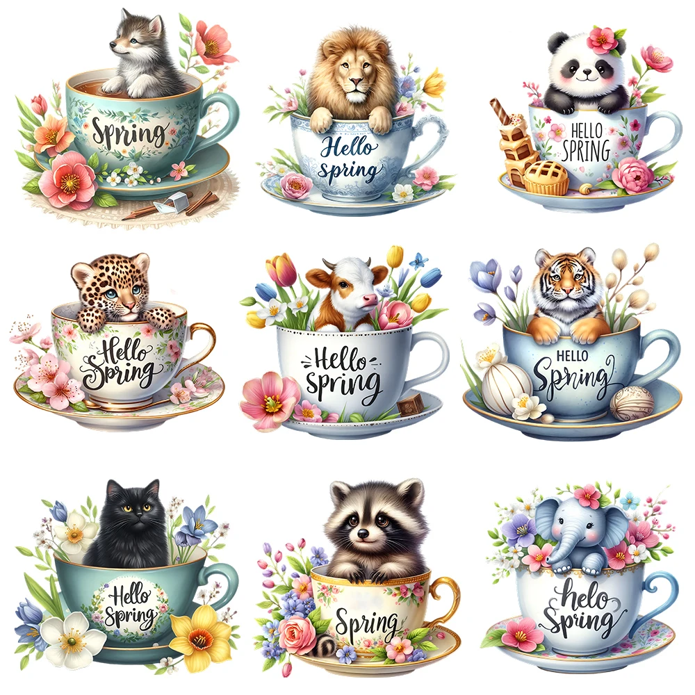 15cm Cartoon Tea Cup Flower Animal Tiger Iron On Heat Transfer Sticker For Clothes Pinted Vinyl Thermal Washable T-Shirt Decal