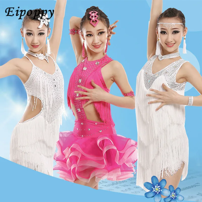 Children Professional Latin Dance Performance Clothing New Girls Diamond Flow Sula Ding Skirts Junior Latin Competition Clothing