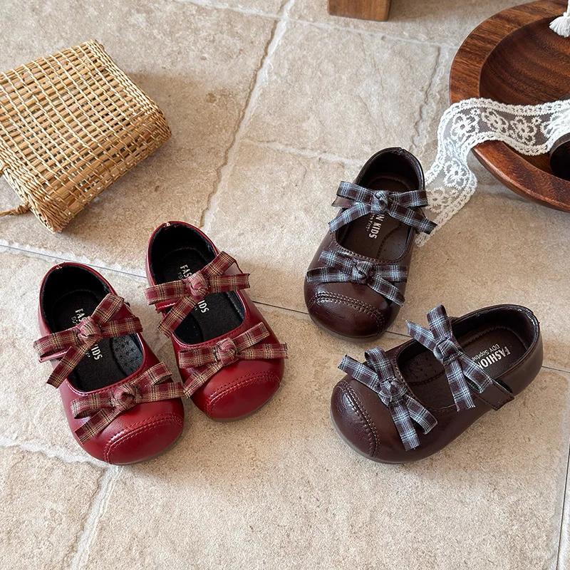 Kids'Casual Shoes Solid Color Bow PU Leather Autumn Fashion Shoes For Children Breathable Anti-slip Red Brown Size 21-30