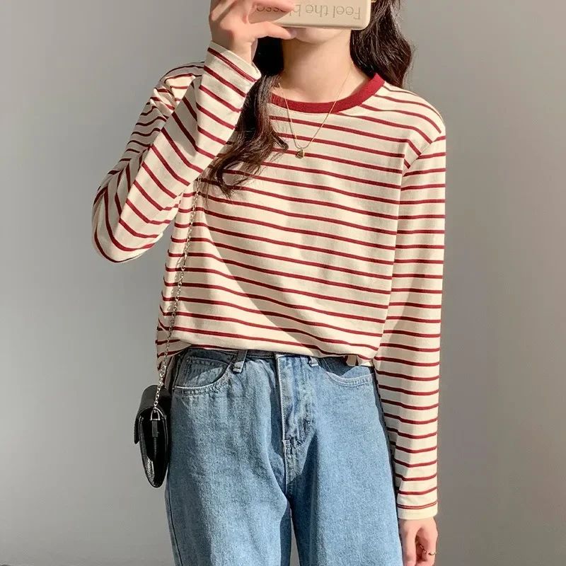 Women New Striped T-shirts Long Sleeve O-neck Contrast Tops Spring Autumn Fashion All-Match Tees Cotton Casual Bottoming Shirts