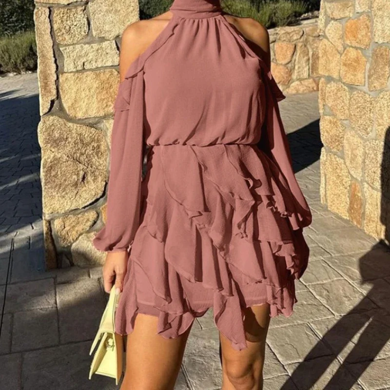 

Temperament Elegant Chiffon Dress Women's 2026 New Design Sense Neck Off Shoulder Long Sleeves High Waist A Word Skirt