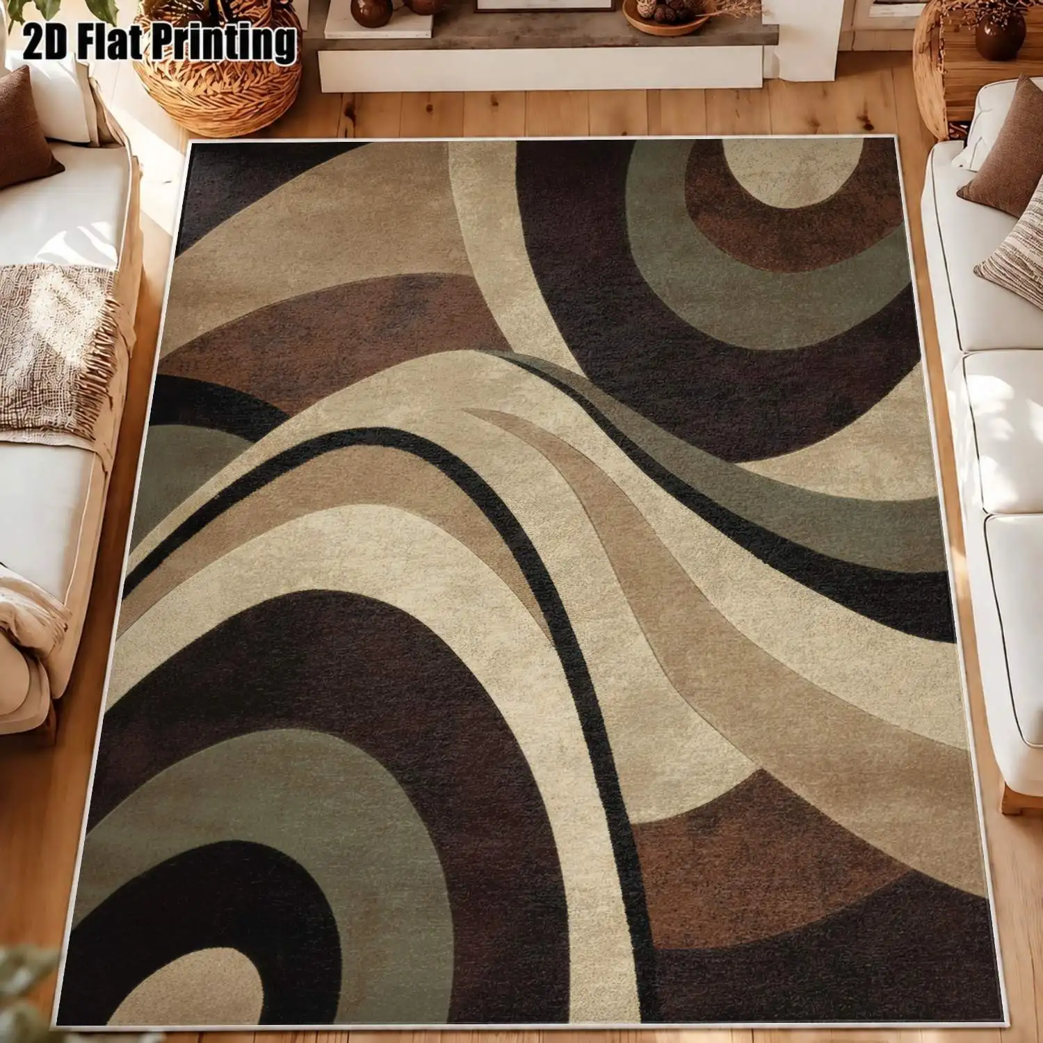 1Pc 2D Printed Velvet Carpet, Dark Brown-Gray Geometric Abstract Pattern Nordic Modern Minimalist Vintage Style, Multi-Size, Machine Washable, for Home Decor, Entryway/Dining/Bedroom/Living Room Use.