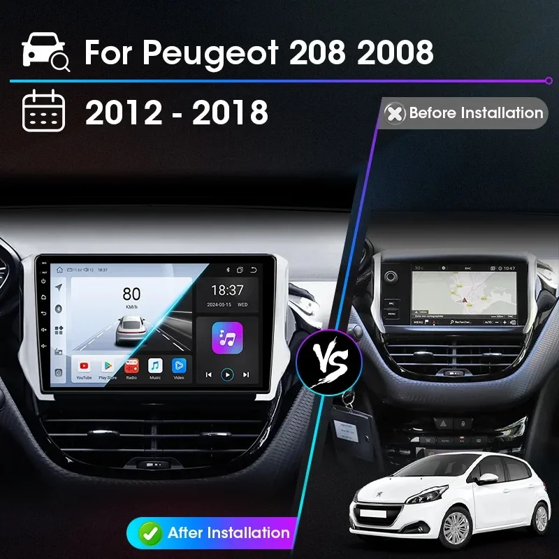 Radio con Pantalla Android 14 para Automóvil Peugeot 2008 208 2012-2018, Carplay Inalámbrico, Auto BT, 4G, WIFI, GPS, RDS, FM, Autoradio Multimedia