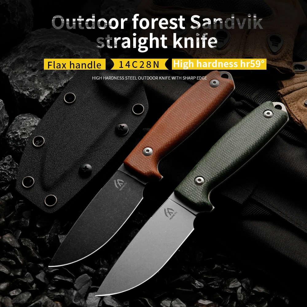 Huangfu Linen Fiber Handle 14C28N High Quality Steel Integrated Cutting Tool Outdoor Wilderness Survival Knife High Hardness Por