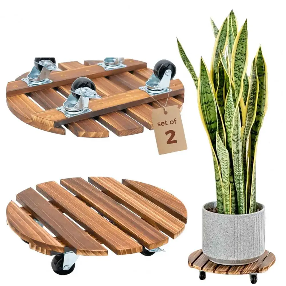 Movable Flower Pot Stand with Smooth Wheels Round Plant Stand Sturdy Wooden Base for Large Planters Patio Use