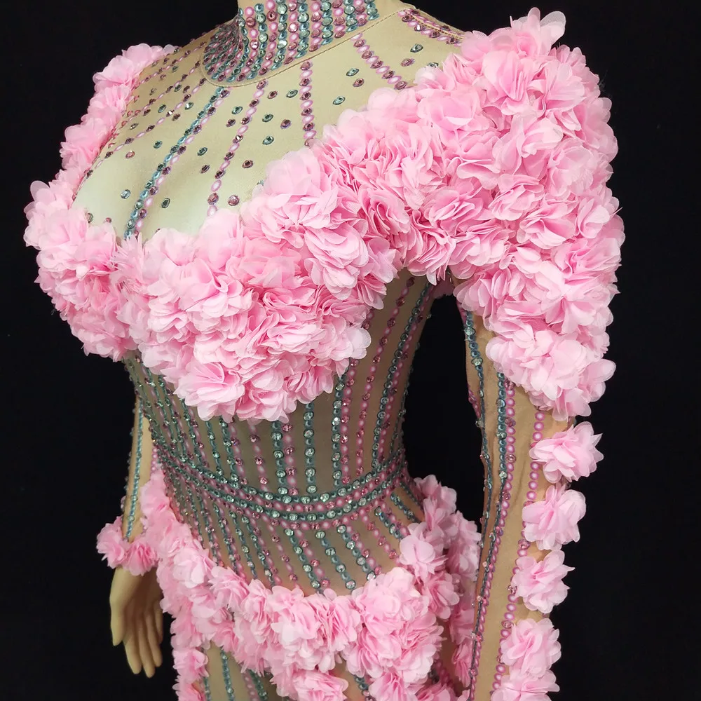 Pink Flower Rhinestones Jumpsuit Women Birthday Party Drag Queen Dance Costume Long Sleeve Elastic Leotard Singer Stage Wear