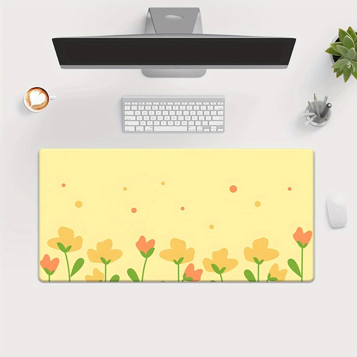 1 Buah Alas Cetak Latar Belakang Kuning dengan Desain Bunga untuk Meja, Alas Mouse XXL Multifungsi, Alas Mouse Gaming Keyboard, Kantor