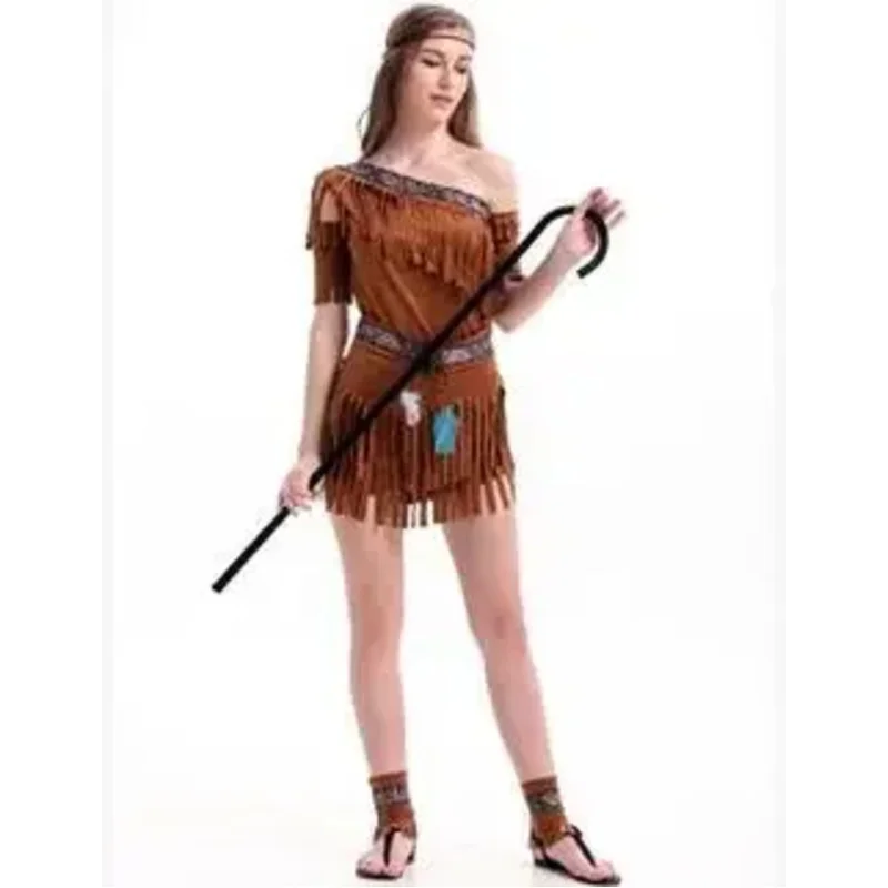 متفوقة الجودة هنتر المرأة بوكاهونتاس الكبار فستان بتصميم حالم هالوين تأثيري السكان الأصليين رئيس زي MN3