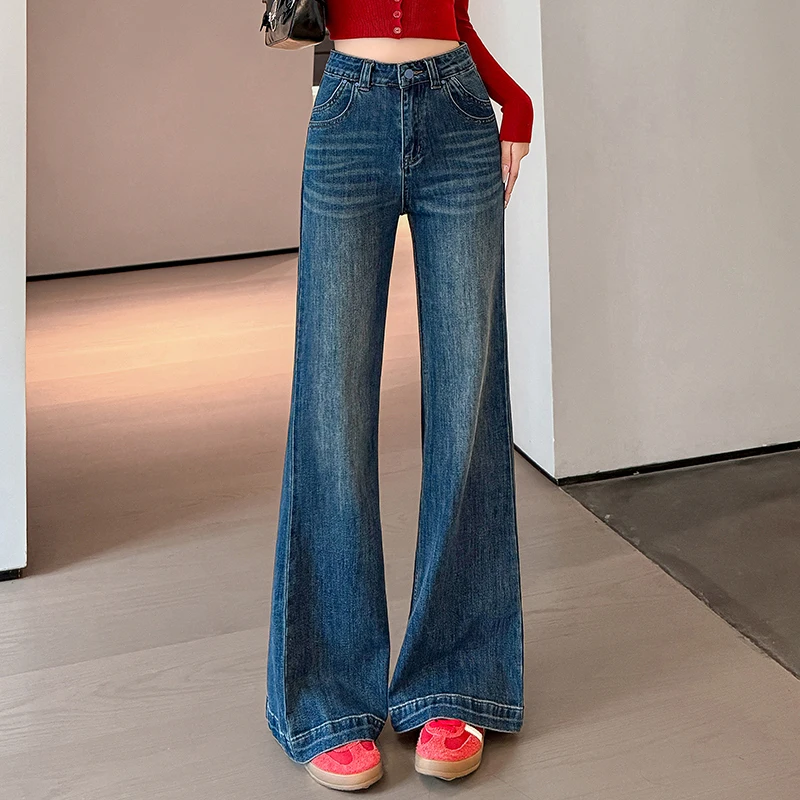 Women's New High Waist Flared Jeans, Slimming & Non-clingy Loose Fit Long Bootcut Trousers, Premium Sense Denim Pants