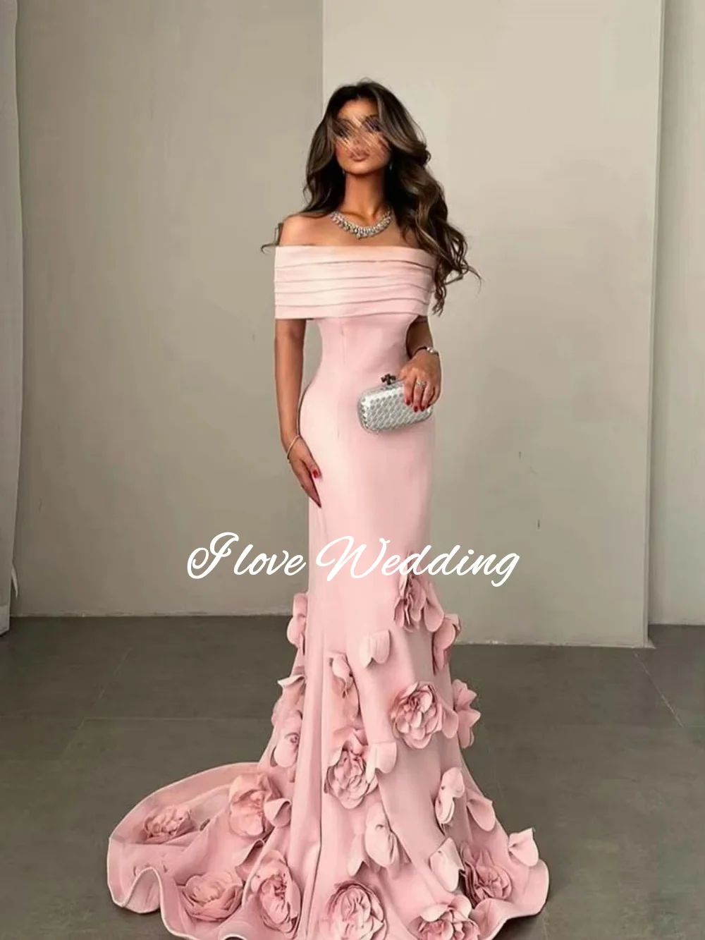 Rosa Krepp Abendkleid 3D Blumen Schulterfrei Meerjungfrau Elegantes Abschlussball-Partykleid Saudi-arabisches formelles Abendkleid Maßgeschneidert