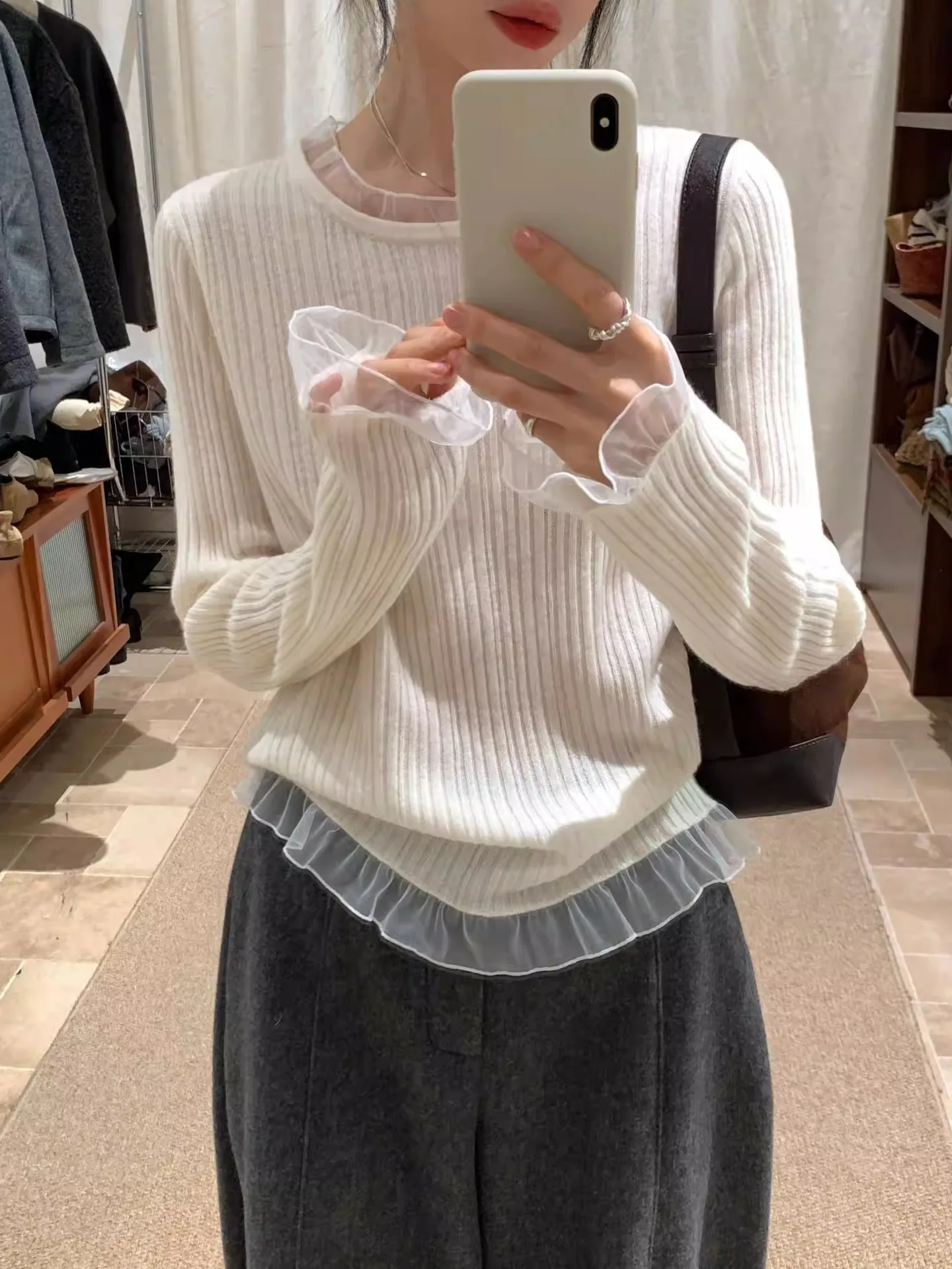 

Шерстяной вязаный свитер с кружевной отделкой, нежный повседневный женский базовый слой, дышащий мягкий шерстяной топ, длинный рукав