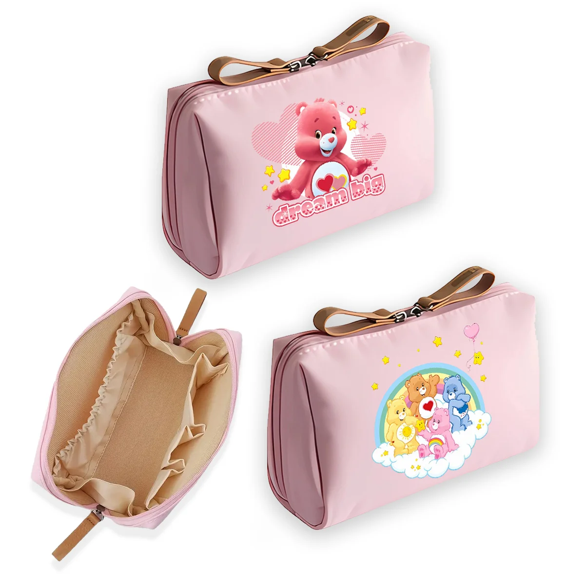 Caring Bears Kosmetiktasche für Damen, Make-up- und Toilettenartikel-Aufbewahrungstaschen, niedlicher Anime-bedruckter Pinsel-Organizer, rosa Reißverschlusstasche, Geburtstagsgeschenk