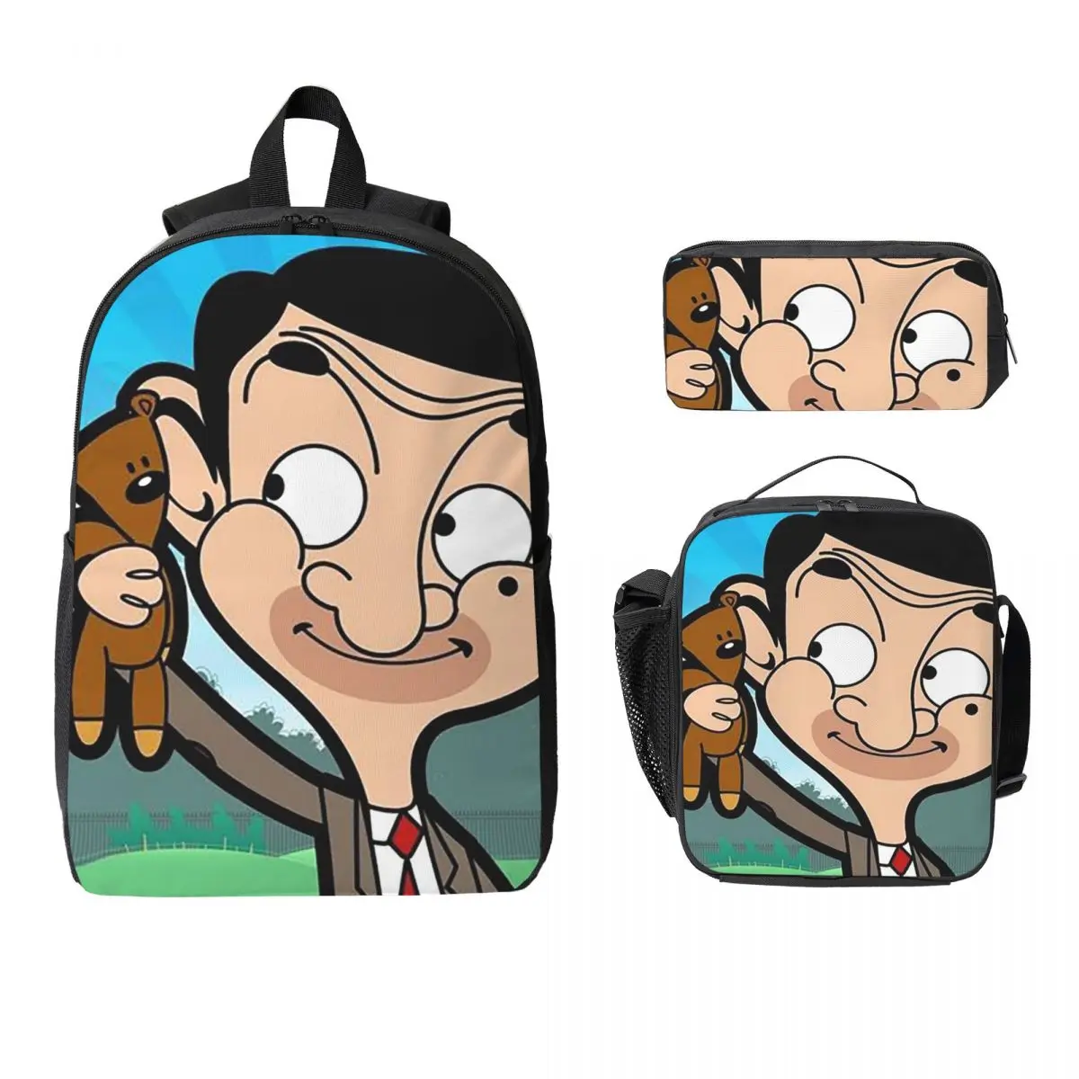 

Mr. Bean Cartoon Backpack Student BookBag School Bag Computer Shoulder Bags 3ps Insulated Lunch Bag Pencil Case