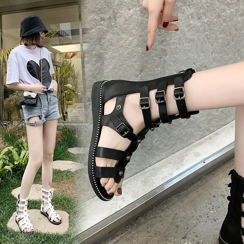 Women\'s Sandals Shoes 2023 Trend for Woman Gothic Flats Black Gladiator Casual Summers Elegant Sneakers Ankle Boots Hollow-out