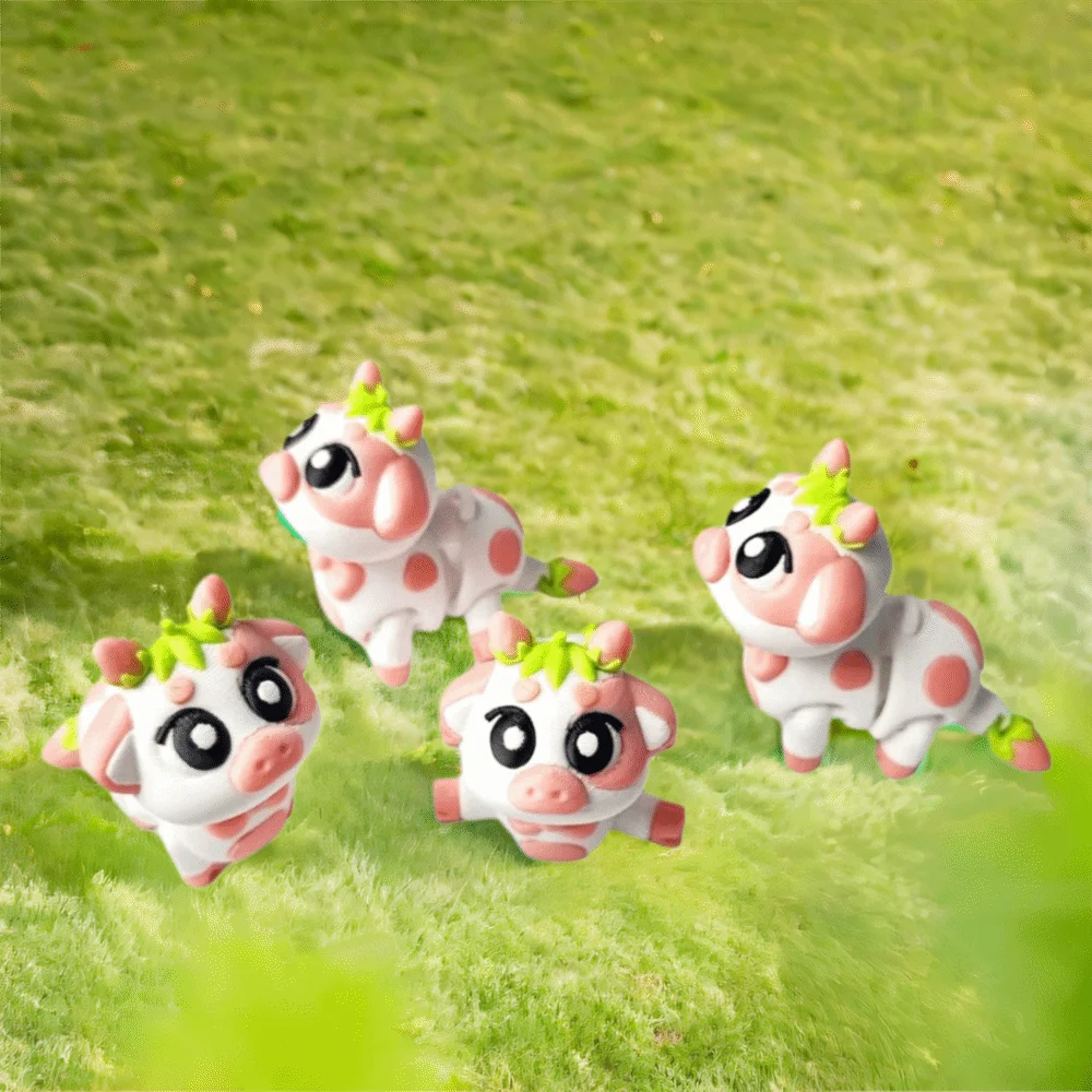 Różowo-żółty model krowy drukowany w 3D, uroczy styl, rękodzieło, figurka królika drukowana w 3D, figurka symulacyjna, kokarda.