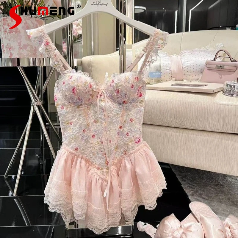 

Весенне-летние цветочные ночные сорочки на бретельках с эффектом пуш-ап, сетчатая ночная рубашка, женская японская эротическая нижняя одежда, пижамы