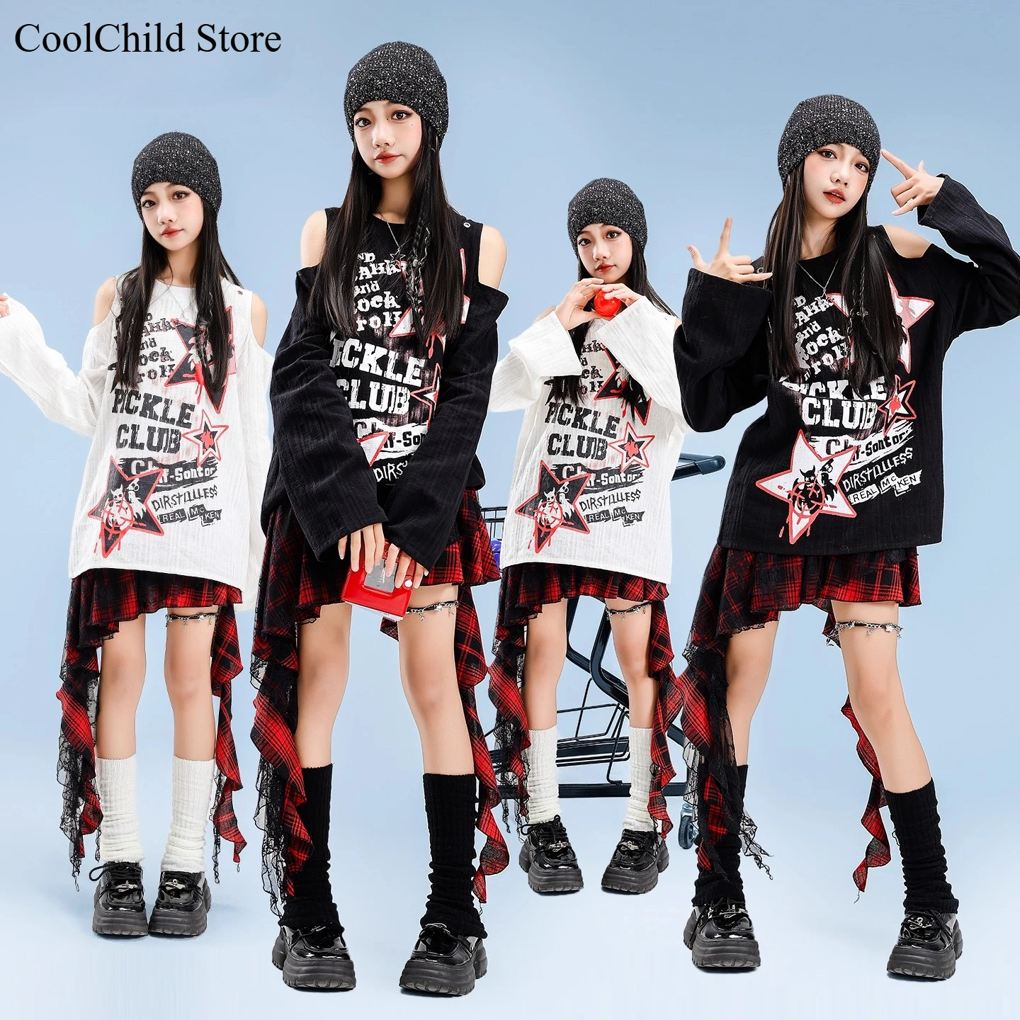 Girls K-pop Off Shoulder Sweatshirt Train Skirt Kid Hip Hop Streetwear Street Dance Costume Children Jazz Girl Group Clothes Set