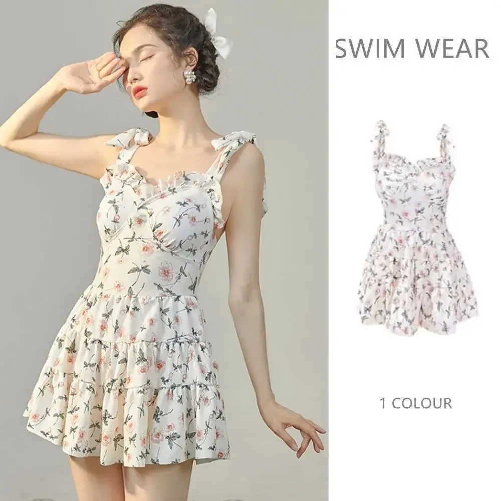 

Women's Fragmented Flower Tank Swimsuit Slimming Dress Style Open Back Small Chest Gathered Pure Desire Vacation Swimwear