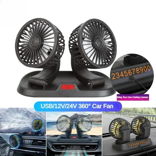 Ventilador de coche USB/12V/24V Doble cabezal Ajustable 360 °   Ventilador eléctrico para coche, ventilador para coche con tarjeta de estacionamiento temporal multifuncional silencioso de 2 velocidades