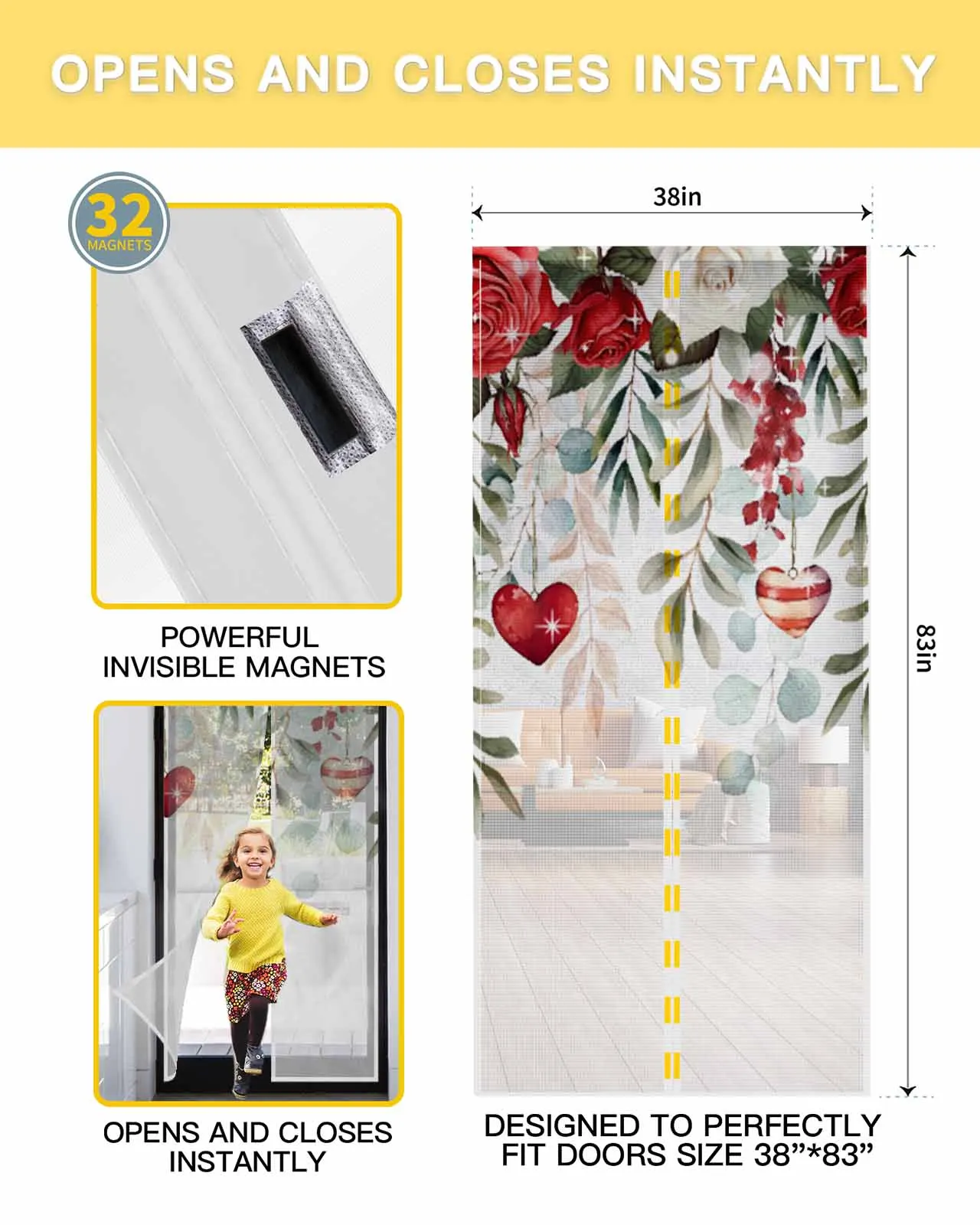 Valentine Roses Flower Hearts Magnetic Door Curtain Summer Living Room Bedroom Home Anti-mosquito Screen Door Curtain